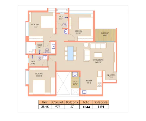 Unitary NIBM Annex 3 BHK Floor Plan